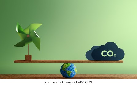 Carbon Neutral and ESG Concepts. Carbon Emission, Clean Energy. Globe Balancing between a Wind Turbine and CO2. Sustainable Resources, Environmental Care. Making a Wind Energy - Shutterstock ID 2154549373