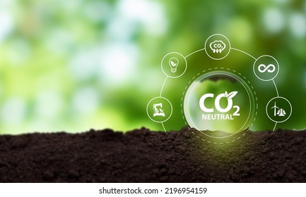 Carbon Neutral Sustainable Development Concept. Green Industry. Net Zero Greenhouse Gas Emissions Target 2050. Climate Neutral Long Term Strategy. Carbon Neutral Symbols On Green View Background .