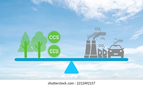 Carbon Neutrality Concept. Carbon Dioxide Reduction. CO2 Gas Emissions Balance With Carbon Absorbed By Trees And Carbon Capture Technology. CO2 Neutral Balancing Scale. Factory And Transport Pollution