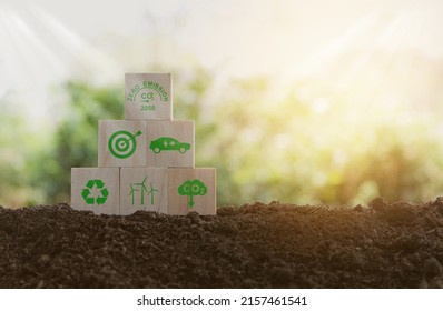 Carbon Reduction Ideas On Wooden Blocks . Sustainability. Business Operations Based On Renewable Energy . Green Businesses Using Renewable Energy Can Limit Climate Change And Global Warming.