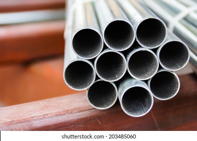 Carbon Steel Pipe And Structure Steel In Construction Site