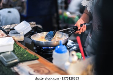 Carbonara Pasta Cooking Show Of Italian Food Street Vendor At Outdoor Hua Mum Night Market In Bangkok Thailand