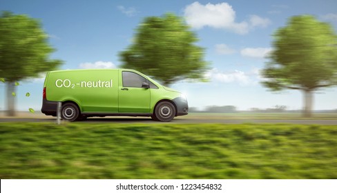 CO2-neutrale Lieferung mit einem grünen Van auf einer Landstraße mit grünen Bäumen