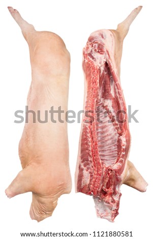 Carcass pork is cut in half with skin.