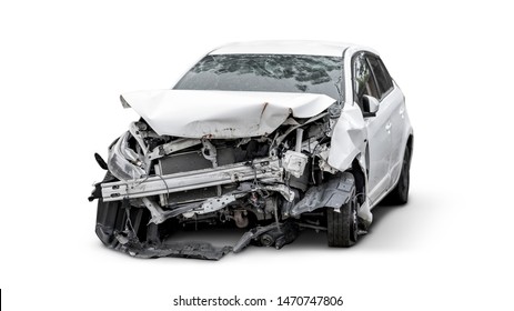 Carcass Of White Broken Crashed Car Isolated On White Background With Clipping Path, Car Accident Insurance Concept