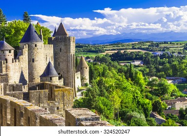 Carcassonne - biggest medieval castle and walled town in Europe. France travel and historic landmarks