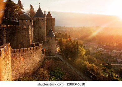 Carcassonne. France . Beautiful sunset landscape in the famous city in France. 
