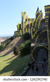 Carcassonne, France - July 25 2018: Citè de Carcassone with the artwork of Felice Varini "Concentriques excentriques"