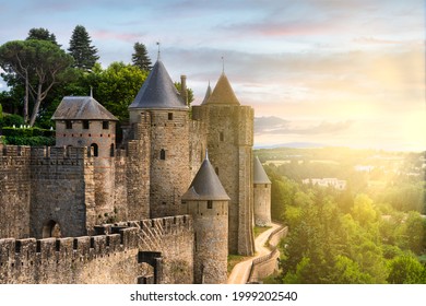 Carcassonne, France - Medieval fortified  city (La Cite) at sunset - Aude, Occitania