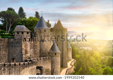 Carcassonne, France - Medieval fortified  city (La Cite) at sunset - Aude, Occitania