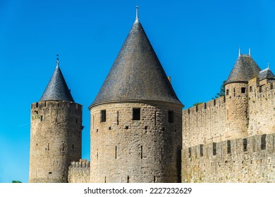 Carcassonne, Occitania  France: Towers of the Chateau Comtal - Shutterstock ID 2227232629