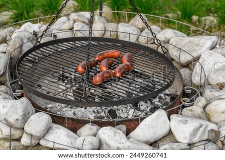 Carcinogenic unhealthy burnt sausage lies on a heated grill