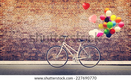 Card of bicycle vintage with heart balloon on road urban city concept of love in summer and wedding honeymoon