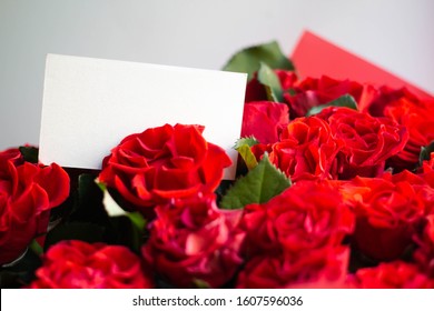 Card In Bouquet Of Red Roses. Secret Admirer. Valentines Day