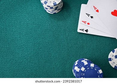 Card game table background with four uncovered aces on the table and betting chips. Top view. - Powered by Shutterstock