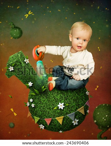Card or illustration, or an invitation to  birthday with  boy and  watering can