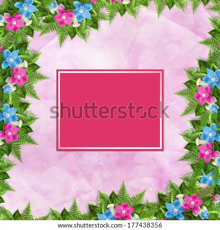 Card for invitation or congratulation with blue and pink orchids 