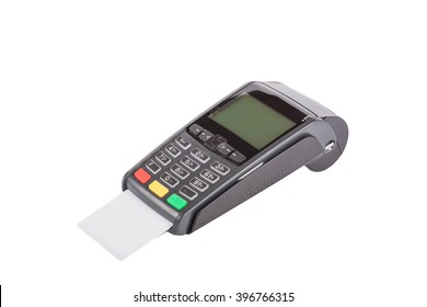 Card Machine Or Pos Terminal With Inserted Blank White Credit Card Isolated On White Background