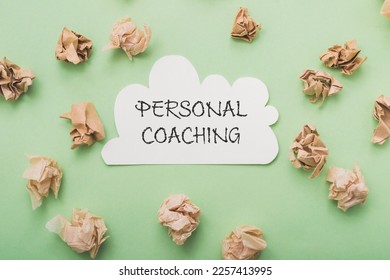 Card with phrase Personal Coaching and crumpled papers on green background. Comprehensive guide for beginners. First steps of starting business - Shutterstock ID 2257413995