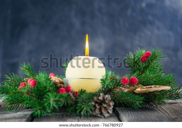 Card Round Ivory Burning Christmas Candle Holidays Stock Image 766780927