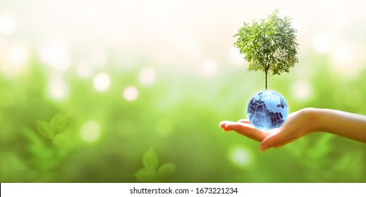 Card for World Earth Day or Arbor Day. Blue glass globe ball and tree in human hand on blurred green background. Saving environment, save, protect clean planet and ecology, sustainable lifestyle.