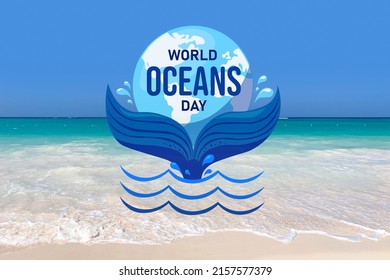 Card For World Ocean Day With Sea Beach 