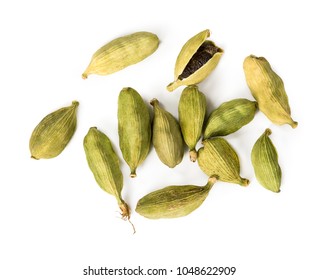 Cardamon Pods Isolated On White Background. Top View.