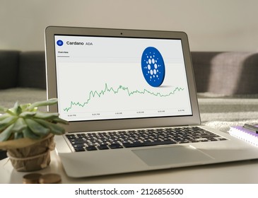 Cardano ADA displayed on a laptop screen at home - Shutterstock ID 2126856500