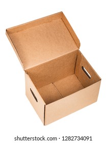 Cardboard Archive Storage Box Open Lid Isolated On White Background. Open Box Packaging Mockup