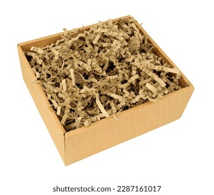 Cardboard box filled with zig zag shredded paper strips packing material