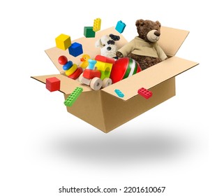 Cardboard box with many toys flying over white background - Shutterstock ID 2201610067
