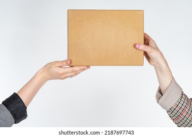 Cardboard Box. Parcel In Two Womans Hands. Parcel Delivery. Copy Space On Box. Business Mail Delivery Concept. Handover Of Business Parcels In Person. Box For Postage. Places For Inscription Or Logo