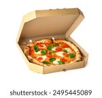 Cardboard box with tasty pizza Margarita on white background