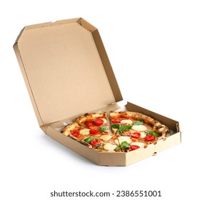 Cardboard box with tasty pizza Margarita on white background - Powered by Shutterstock