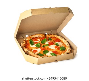 Cardboard box with tasty pizza Margarita on white background - Powered by Shutterstock