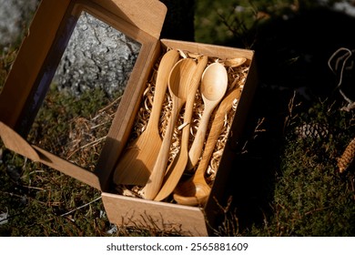 A cardboard box with a transparent lid holds wooden spoons and spatulas on moss, surrounded by pinecones and a tree trunk in a forested setting.