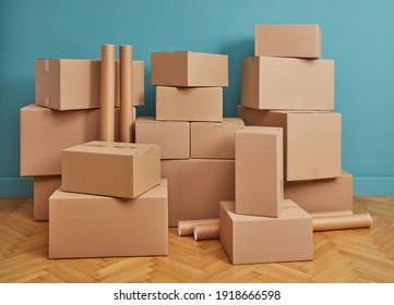 Cardboard boxes in a green room