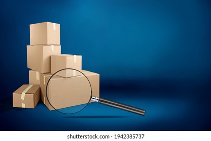 Cardboard boxes and magnifying glass. Concept of searching, Quality control.