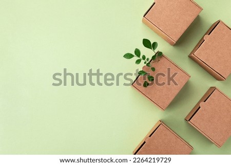Cardboard boxes from natural recyclable materials with green leaves sprout top view. Responsible consumption, eco friendly packaging, zero waste concept.