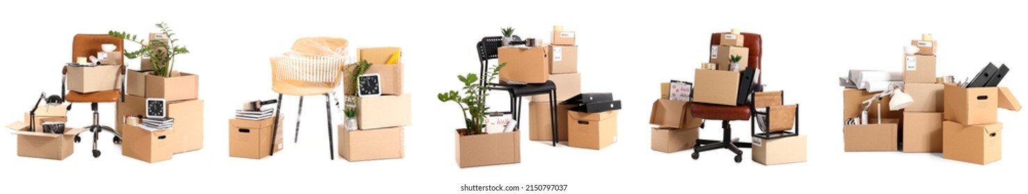 Cardboard Boxes With Office Stuff And Furniture On White Background