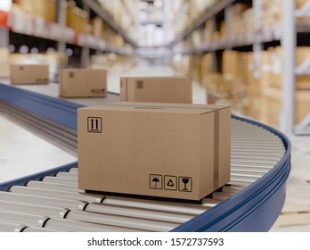 Cardboard boxes on conveyor rollers ready to be shipped by courier for distribution. - Shutterstock ID 1572737593