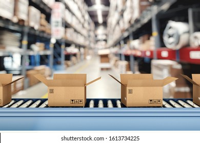 Cardboard boxes on conveyor rollers inside a warehouse ready to be shipped by courier for distribution - Shutterstock ID 1613734225