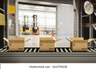 Cardboard boxes on conveyor rollers inside a warehouse ready to be shipped by courier for distribution - Shutterstock ID 1613734228