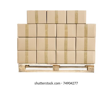 Cardboard boxes on wooden palette isolated on white + clipping path