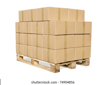 Cardboard boxes on wooden palette isolated on white + clipping path