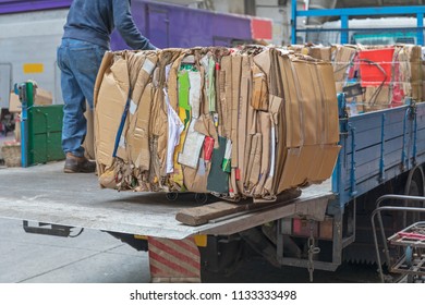 Cardboard Boxes Recycling Material In Bale At Truck