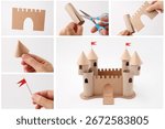 Cardboard castle construction tutorial with tools and materials, ideal for educational platforms, kids content creators, crafting supply stores, homeschooling and sustainability blogs