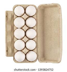 Cardboard Egg Box With Ten Eggs Isolated On White. Top View.