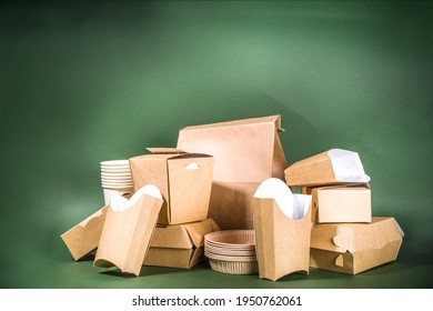 Cardboard Fast Food And Drink Packaging Concept. Set Of Various Takeaway Foods Containers On Green Background, Eco-friendly 