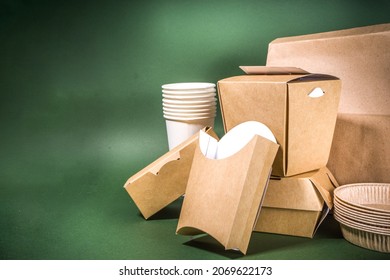 Cardboard Fast Food And Drink Packaging Concept. Set Of Various Takeaway Foods Containers On Green Background, Eco-friendly 